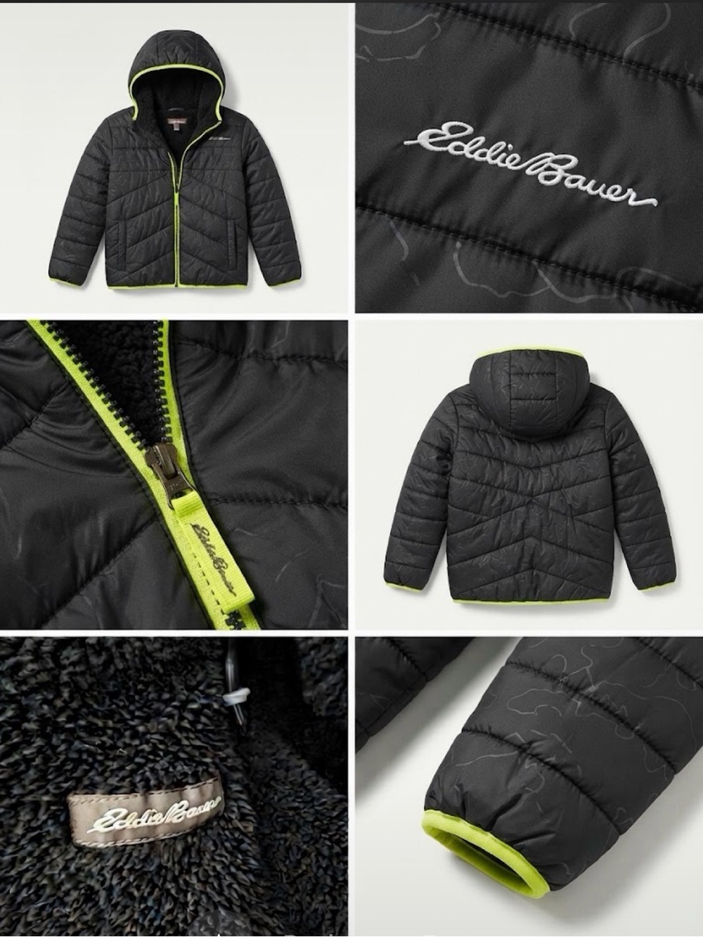 Eddie Bauer Black Kids Puffer Jacket with Lime Trim